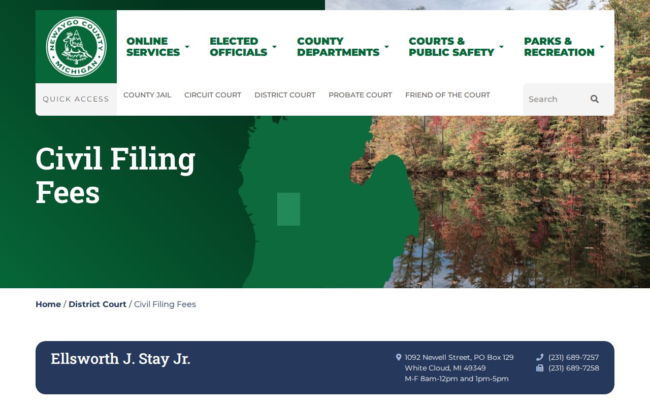 Newaygo County civil docket research showing District Court civil filing-fee categories